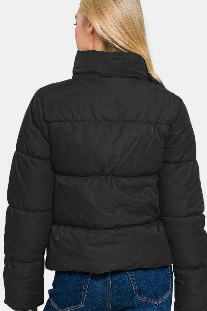 Black Zip Up Turtleneck Puffer Jacket with Pockets