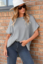 Slit Round Neck Short Sleeve Knit Top Gray
