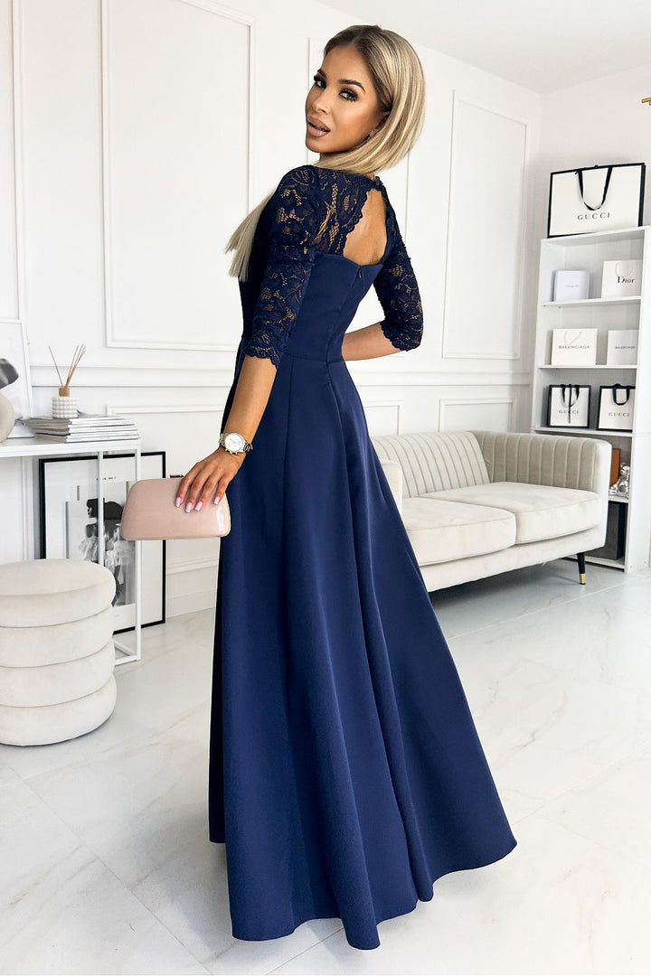 Laced Evening Maxi Dress in Navy