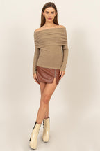 Taupe Fuzzy Off Shoulder Textured Knit Top