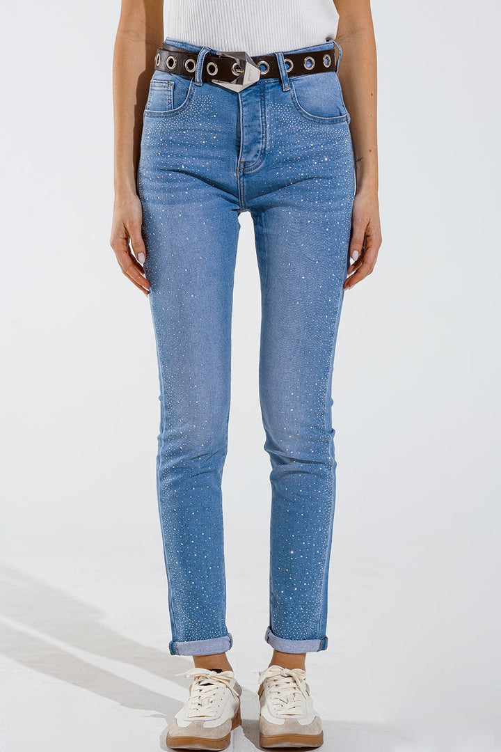 Skinny Jeans in Washed Blue with Strass All Over the Front
