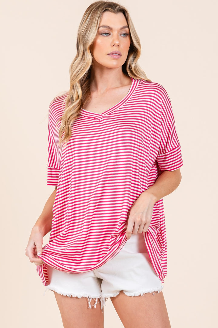 Fuchsia Striped V-Neck T-Shirt