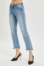 Mid Wash High Rise Distressed Cropped Straight Jeans