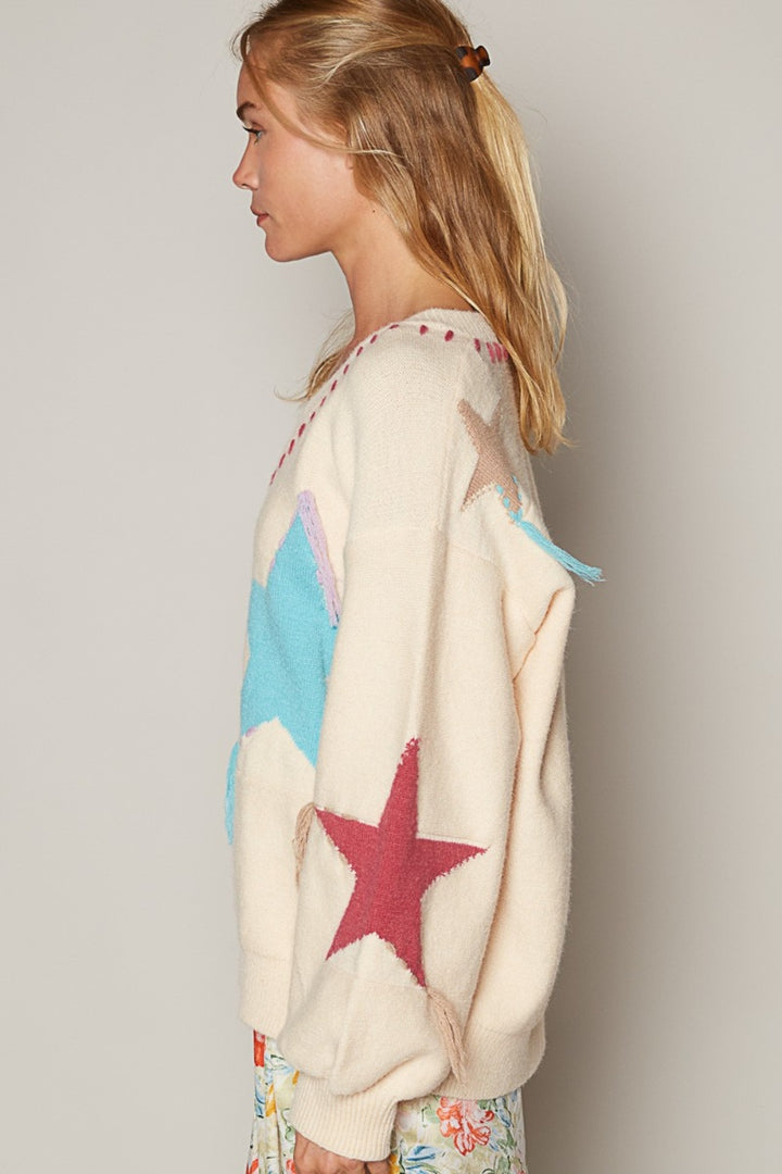 Pale Beige V-Neck Long Sleeve Star Fringe Sweater