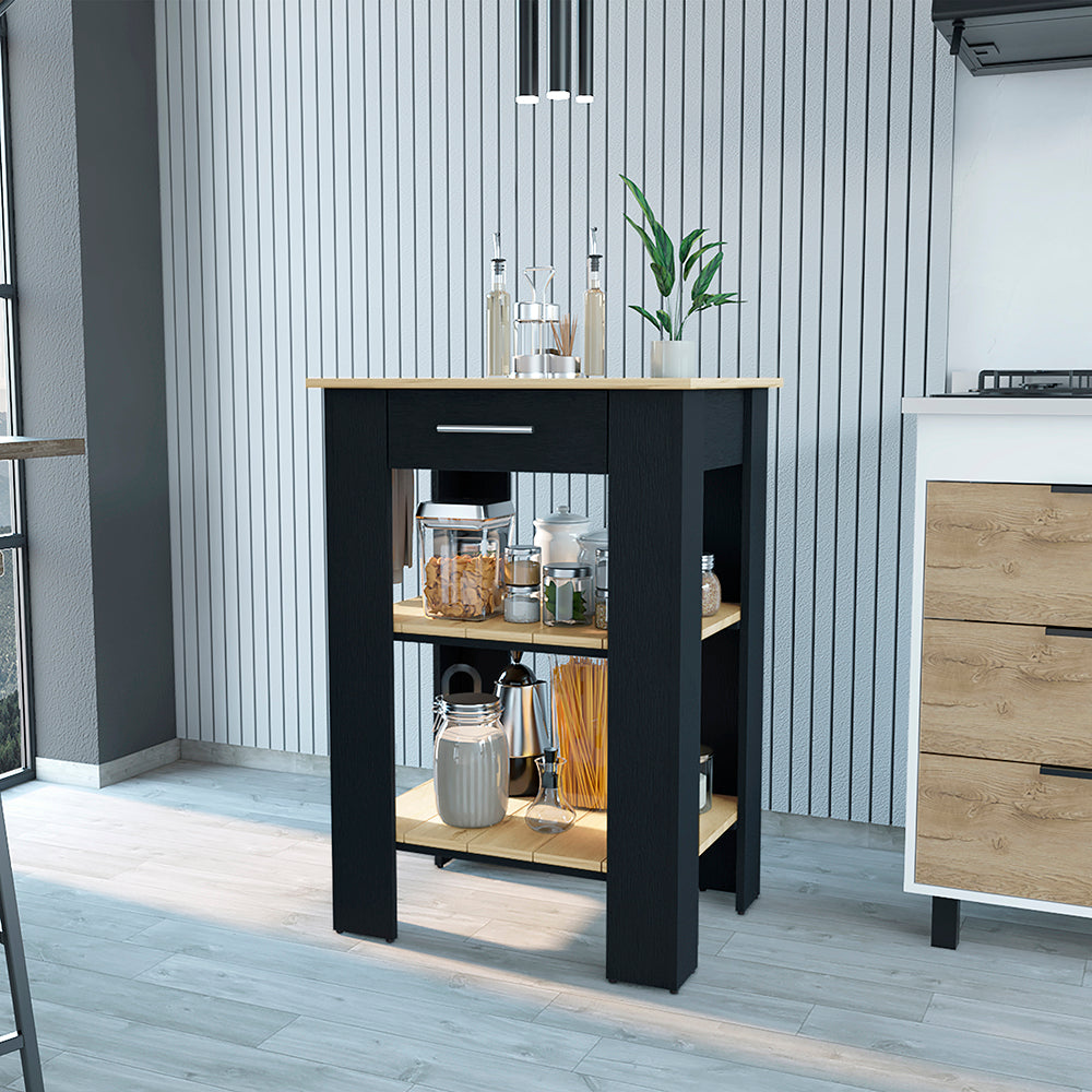 Kitchen Island 23" Dozza with Single Drawer and 2-Tier Shelves Black/Light Oak