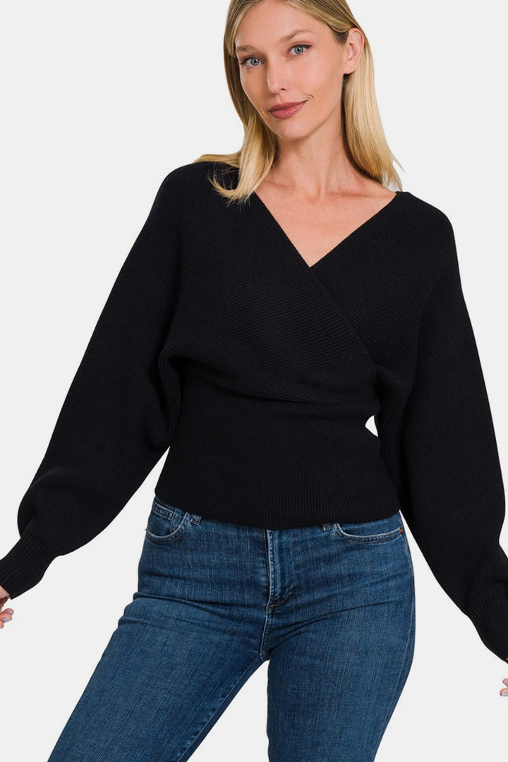 Black Cross Wrap Rib Long Sleeve Sweater