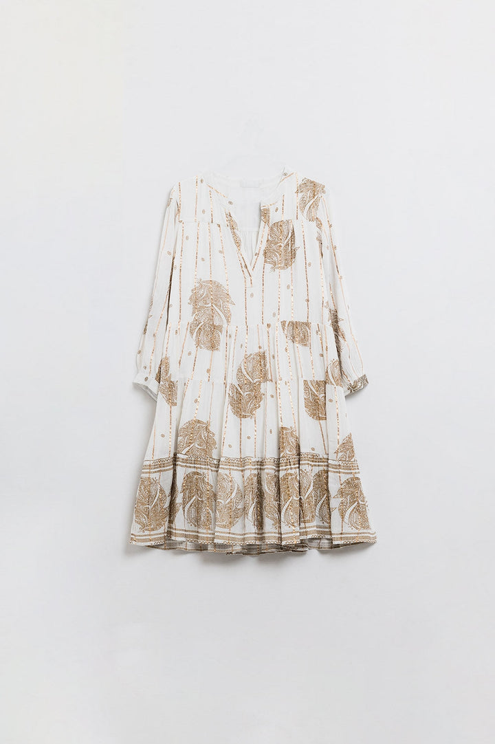 Boho Long Sleeve Dress with Leaf Print and Lurex Details in White