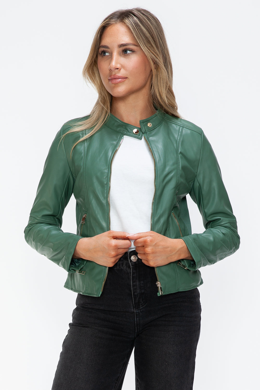 Sage Faux Leather Zip Up Drawstring Hooded Jacket