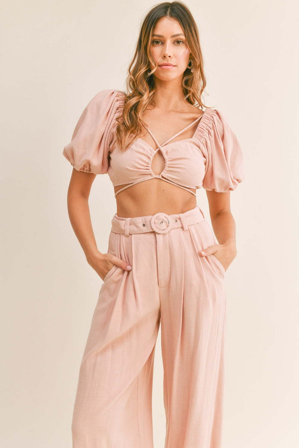 Dusty Pink Cut Out Drawstring Crop Top and Belted Pants Set