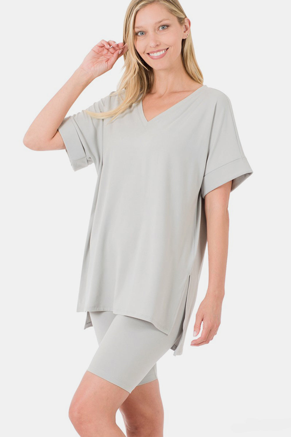 V-Neck Short Sleeve Slit T-Shirt and Shorts Set Light Grey