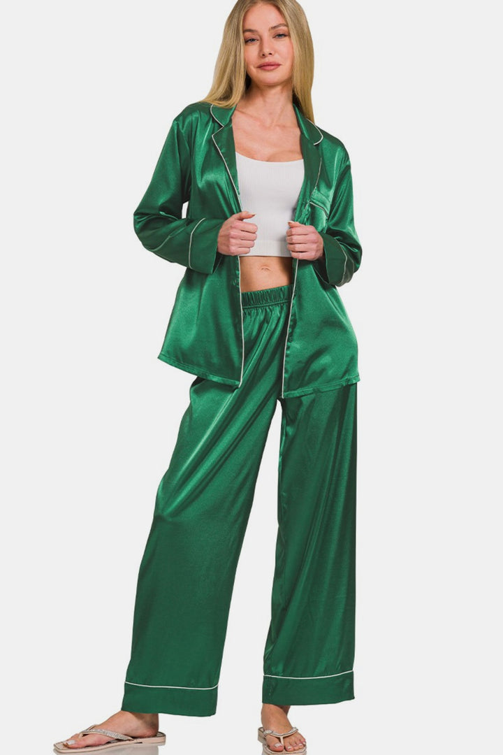 Green Satin Long Sleeve Shirt and Pants Pajama Set