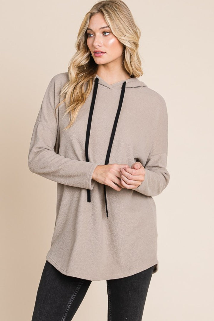 Taupe Contrast Drawstring Drop Shoulder Knit Hoodie