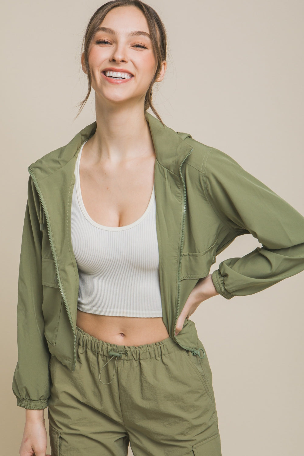 Olive Green Drawstring Hem Hooded Zip-Up Jacket
