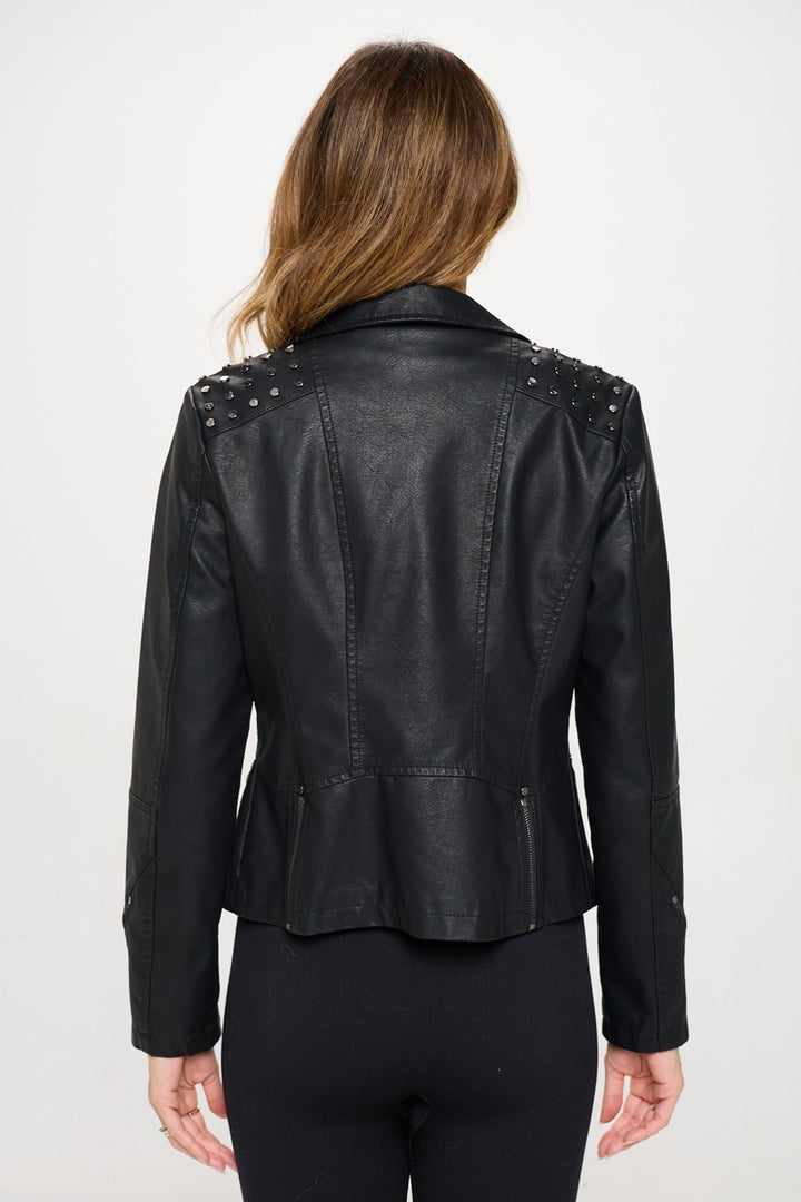 Coalition LA Studded Classic Moto Faux Leather Jacket Black