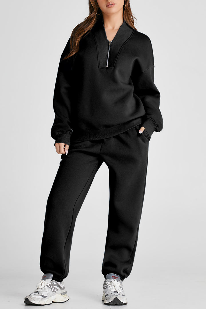 Quarter Zip Long Sleeve Top and Pants Set Black