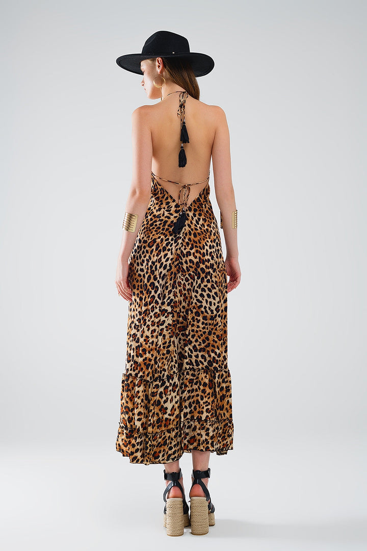 Maxi Leopard Print Boho Dress with Open Back