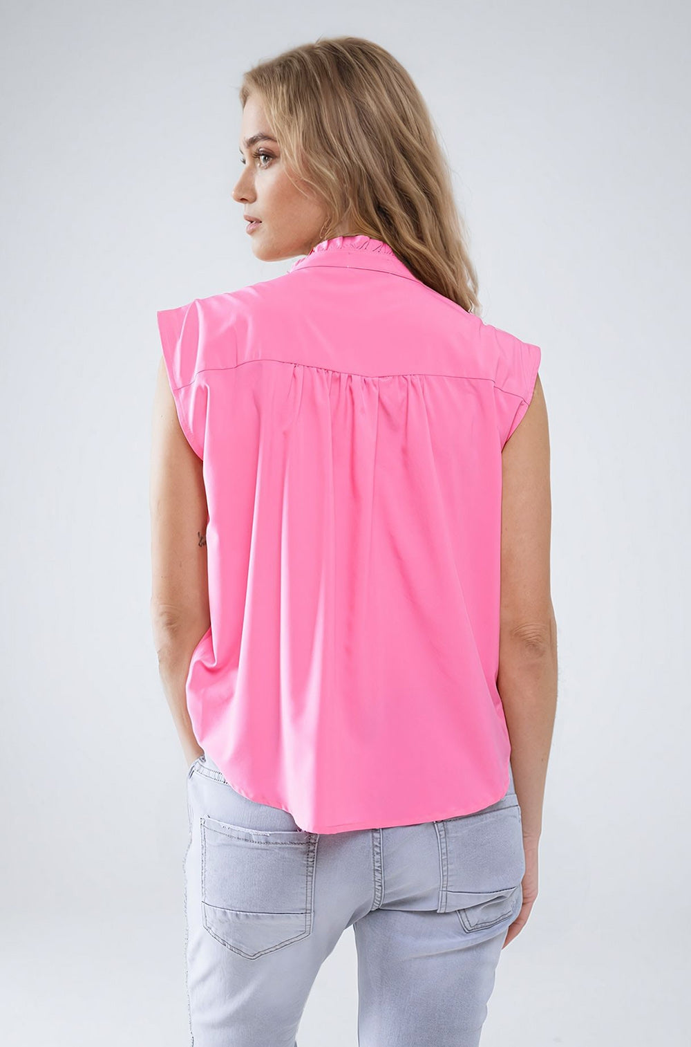 Mao Collar Sleeveless Pink Button Up Blouse