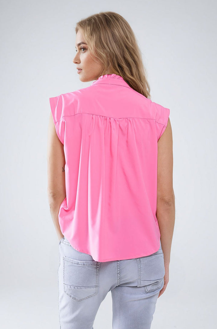 Mao Collar Sleeveless Pink Button Up Blouse