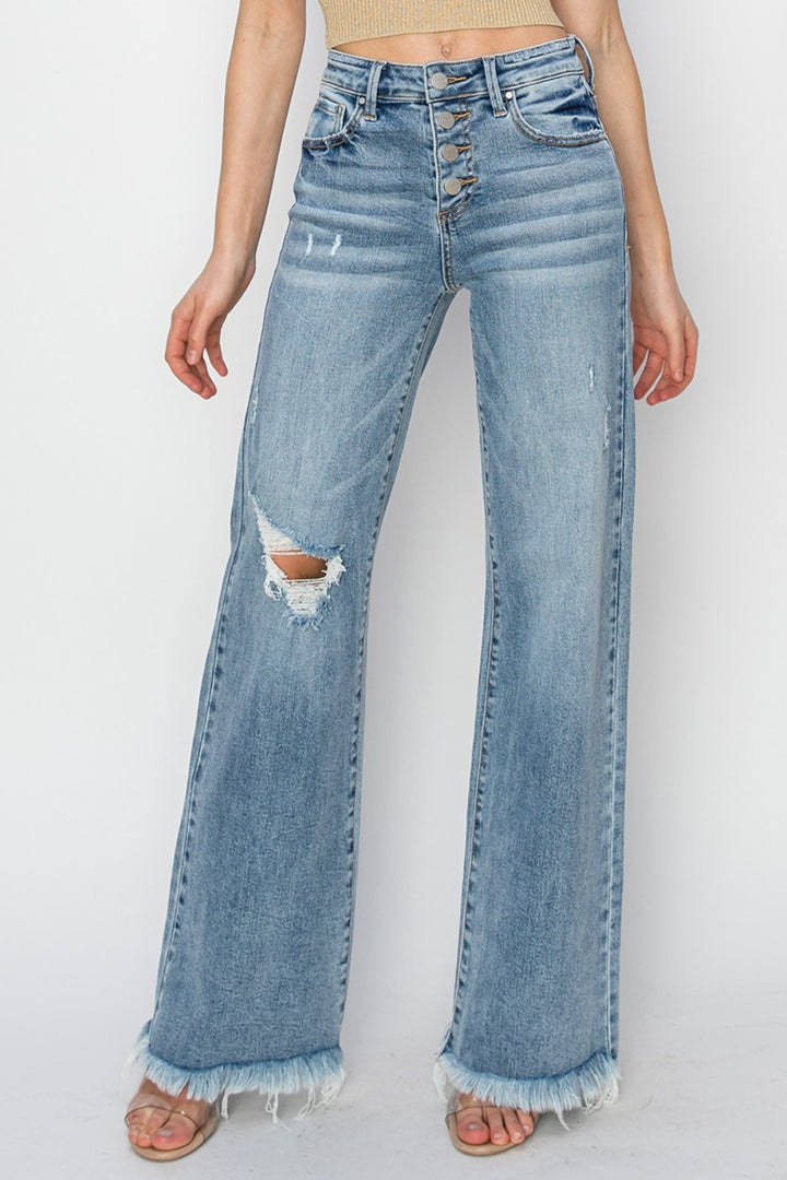 Mid Rise Washed Button Fly Wide Leg Jeans