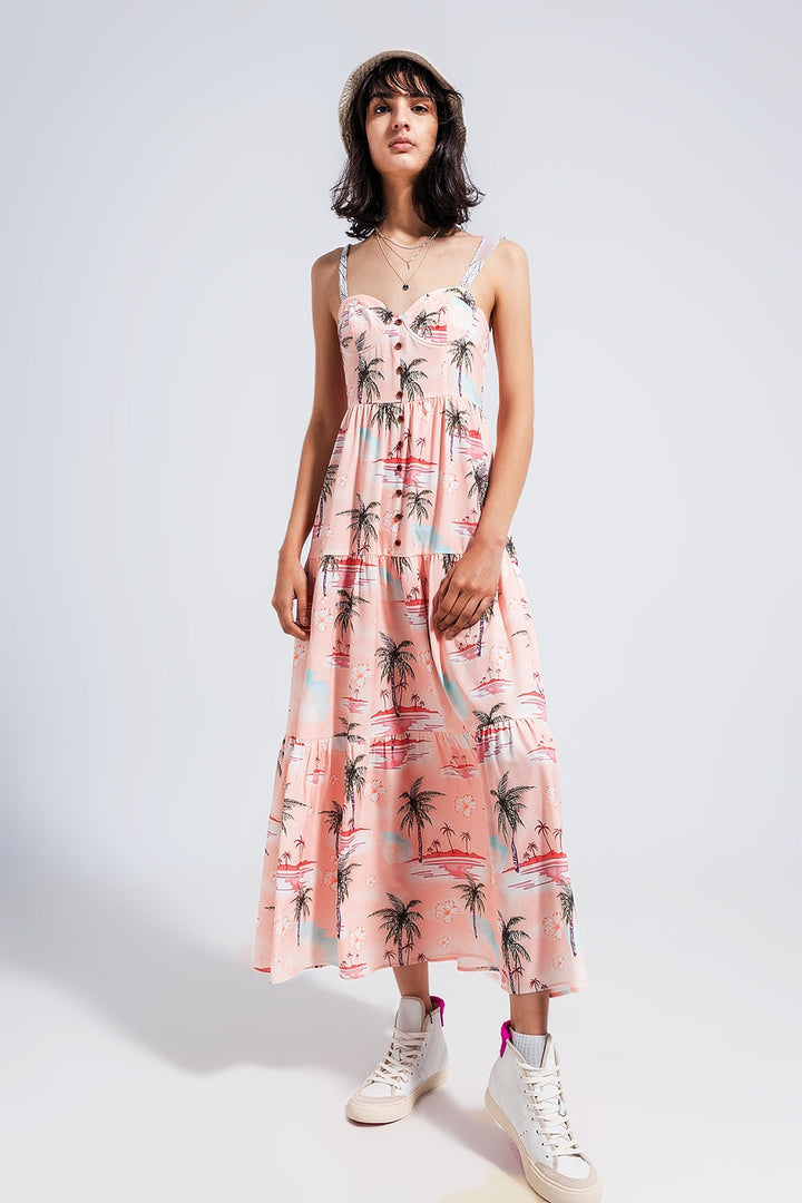 Cami Maxi Beach Dress in Natural Tropical Print