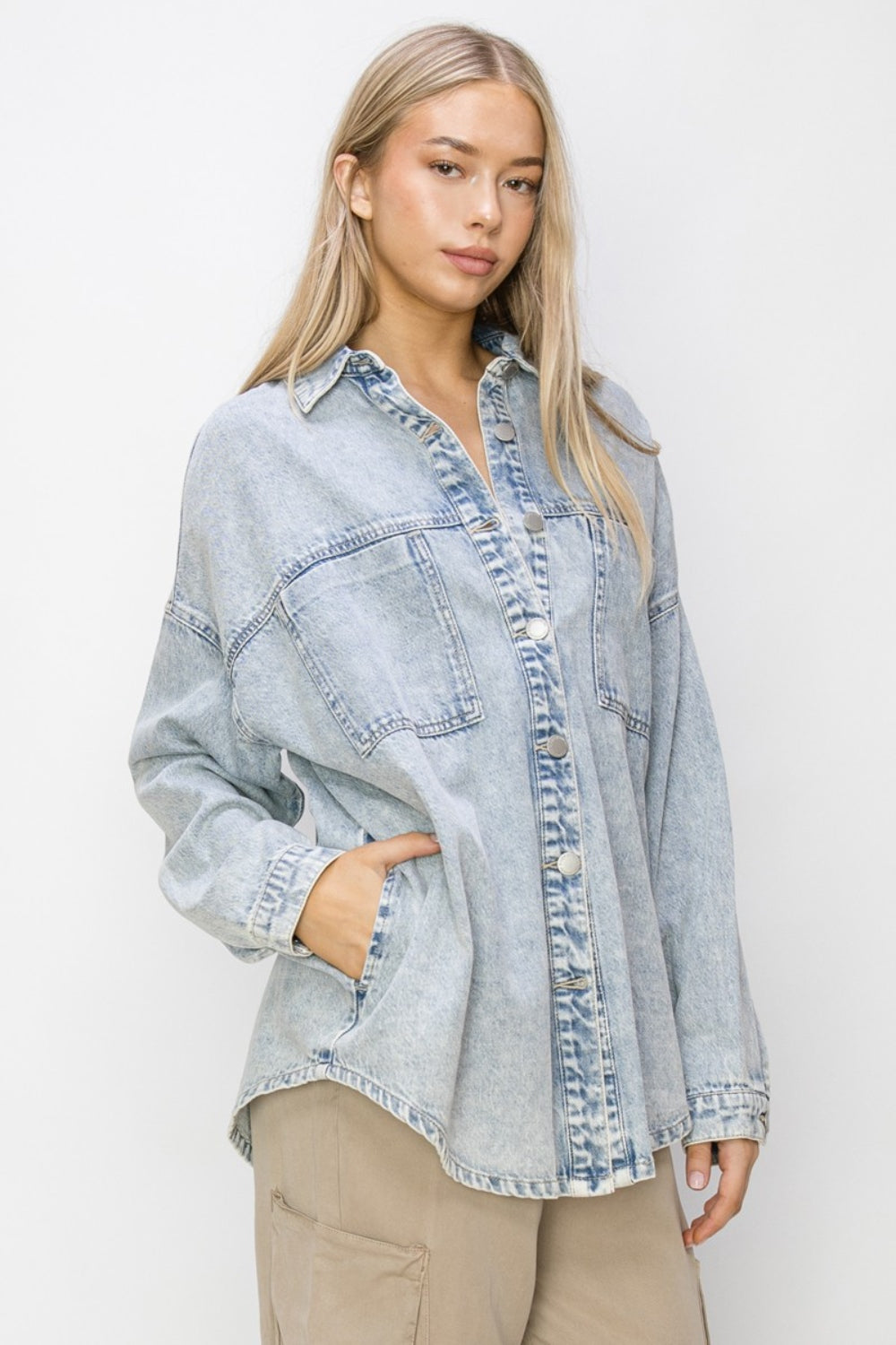 Acid Light Button Up Long Sleeve Shacket