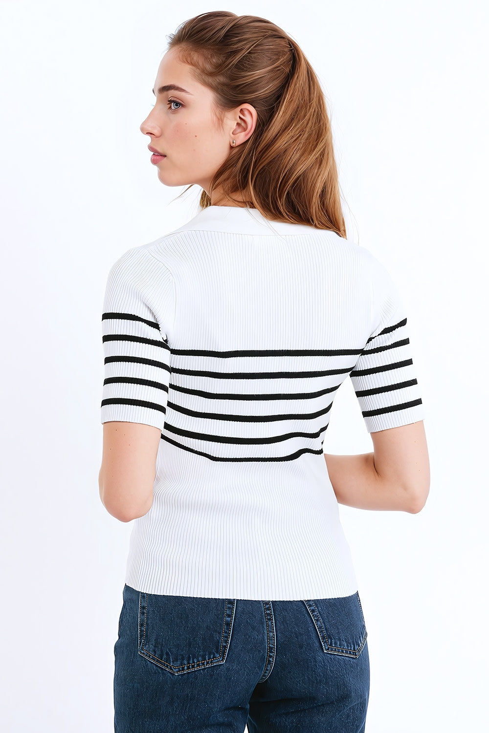 Striped Polo with Button Detail in White