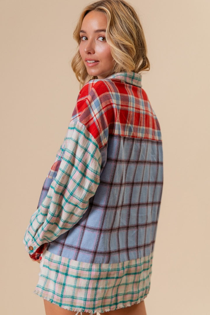 Color Block Plaid Button Down Shirt