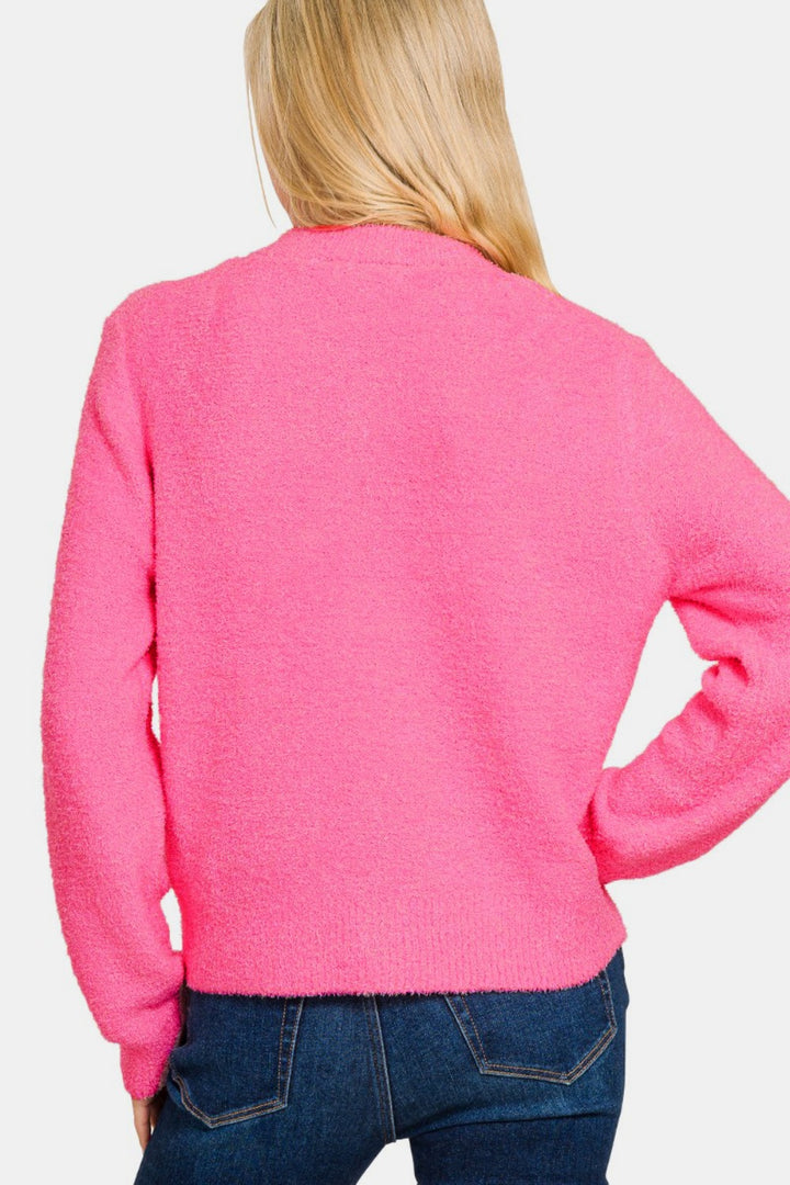 Fuchsia Button Down Long Sleeve Sweater Cardigan