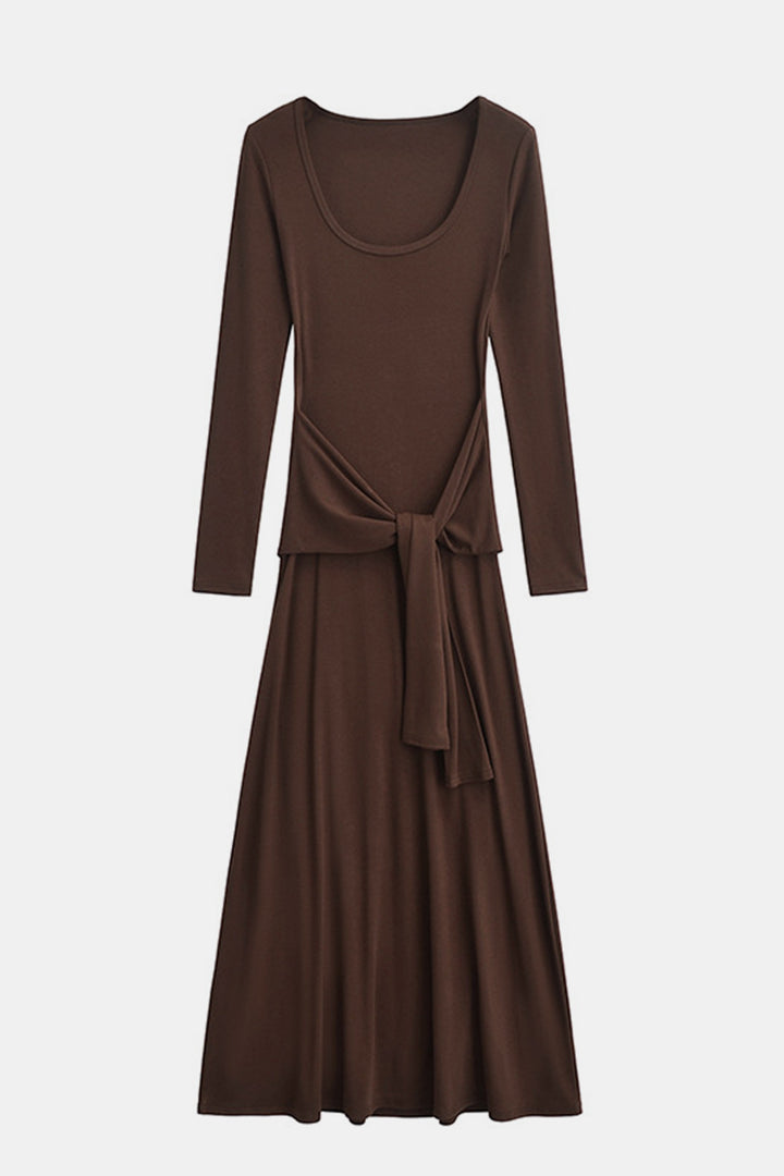 Tied Scoop Neck Long Sleeve Maxi Dress