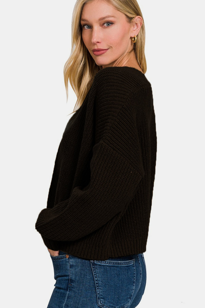 Black Open Front Drop Shoulder Sweater Cardigan