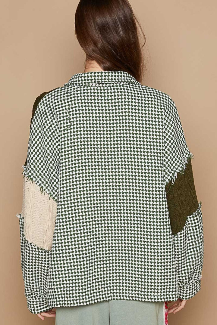 Olive Houndstooth Contrast Cable Knit Pocket Shacket