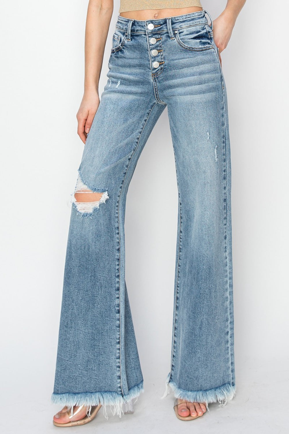 Mid Rise Washed Button Fly Wide Leg Jeans