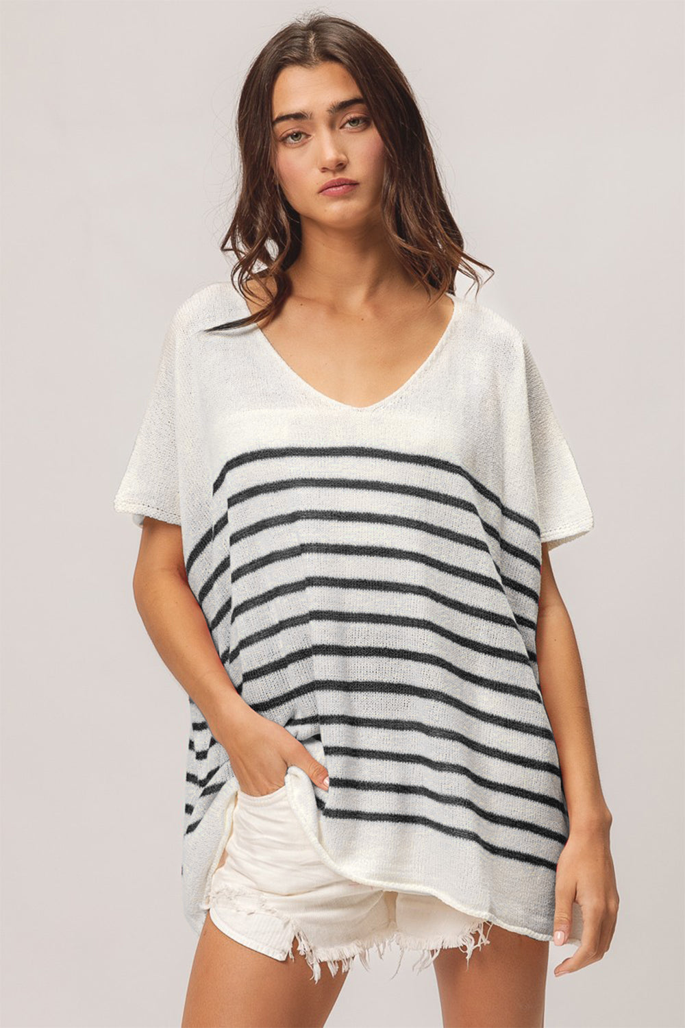 Black Striped V-Neck Short Sleeve Top