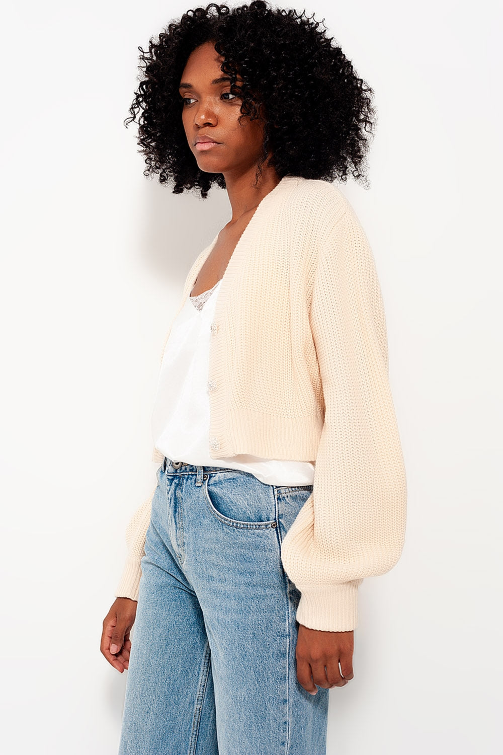 Cardigan with Long Sleeves and Diamante Button Detail in Cream