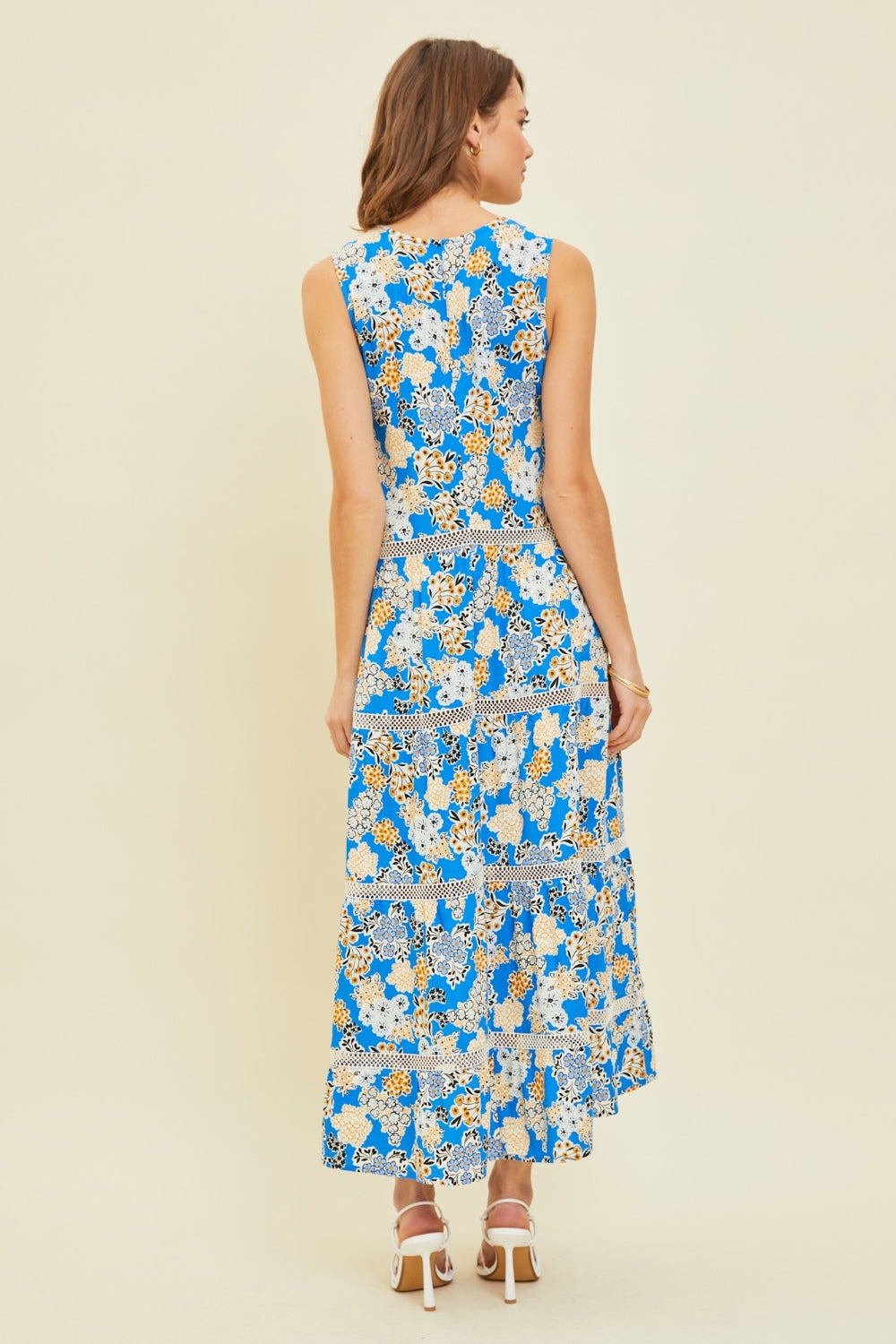 Pool Blue Floral Full Size Printed Crochet Trim Maxi Dress