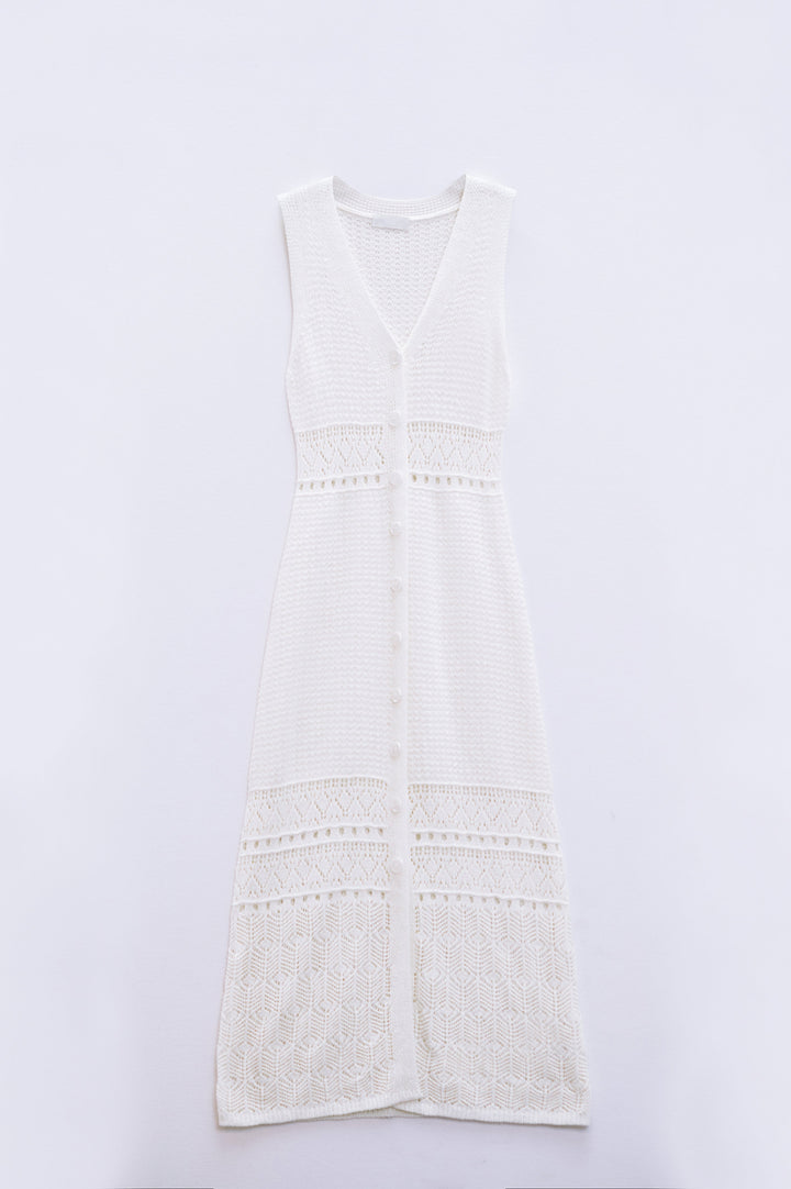 Crochet Maxi Vest with Button Closure in White