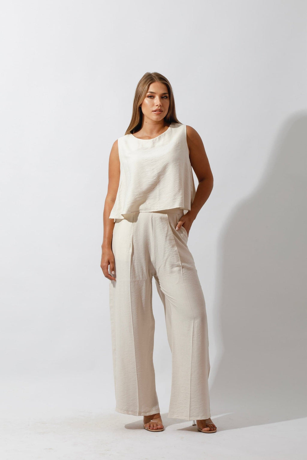 Sleeveless Tank Top & Wide Leg Pants Lounge Set Off White