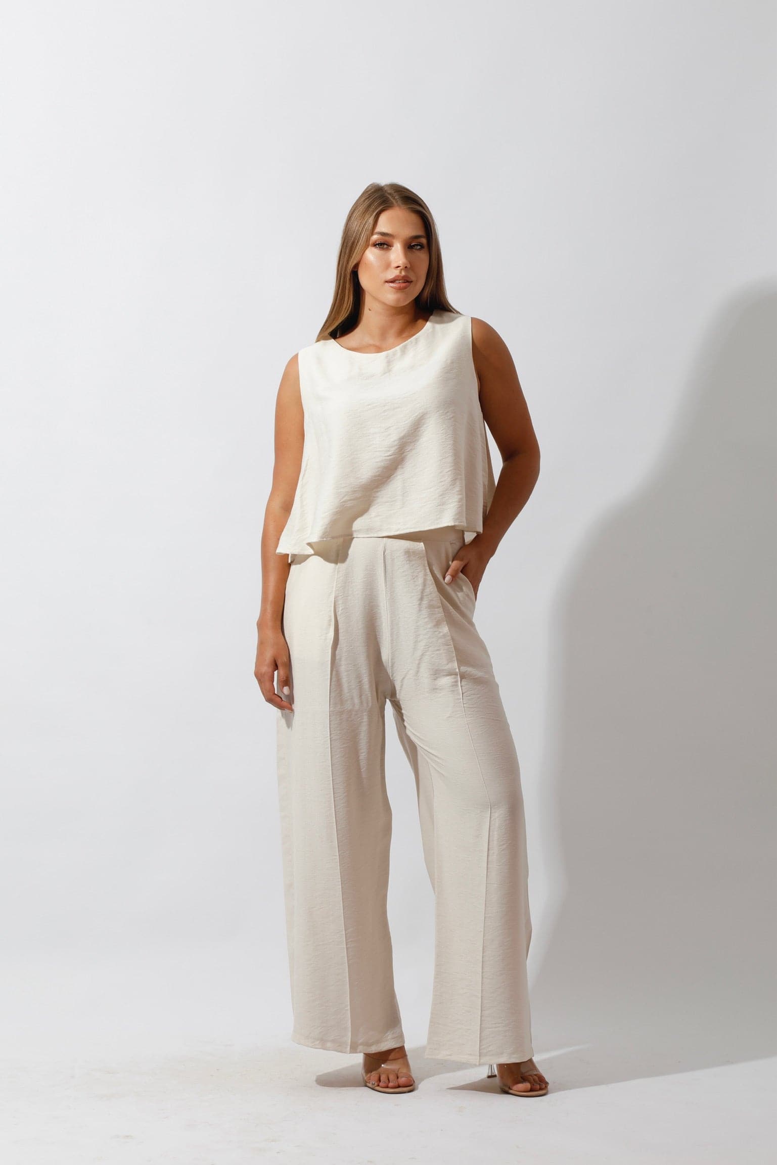 Sleeveless Tank Top & Wide Leg Pants Lounge Set Off White