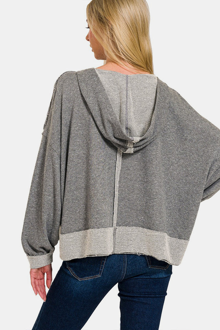 Dark Grey Contrast Trim Slit Hoodie