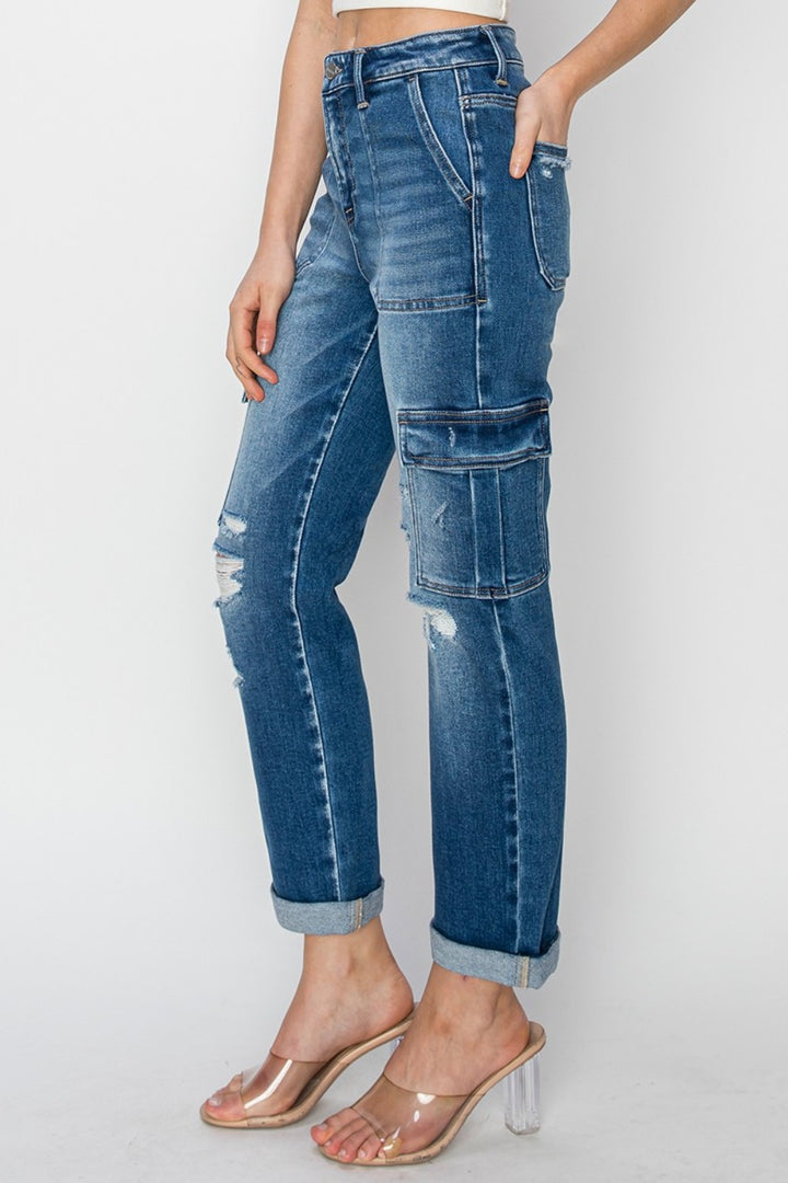 High Rise Cargo Ankle Roll Up Straight Jeans