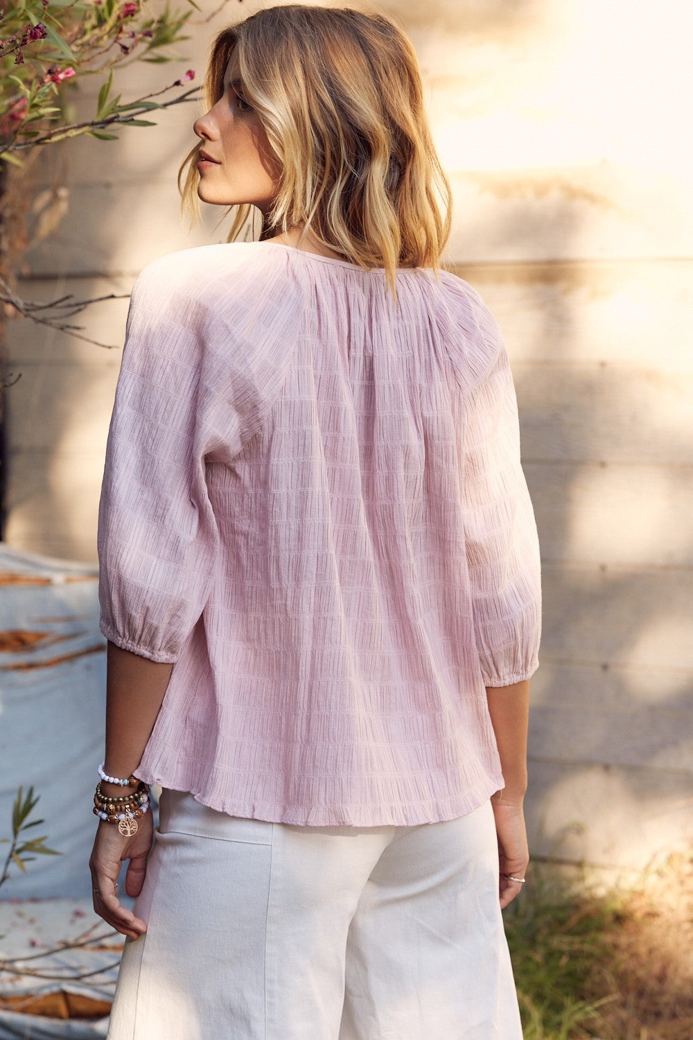 Dusty Pink Textured Tie Neck Blouse