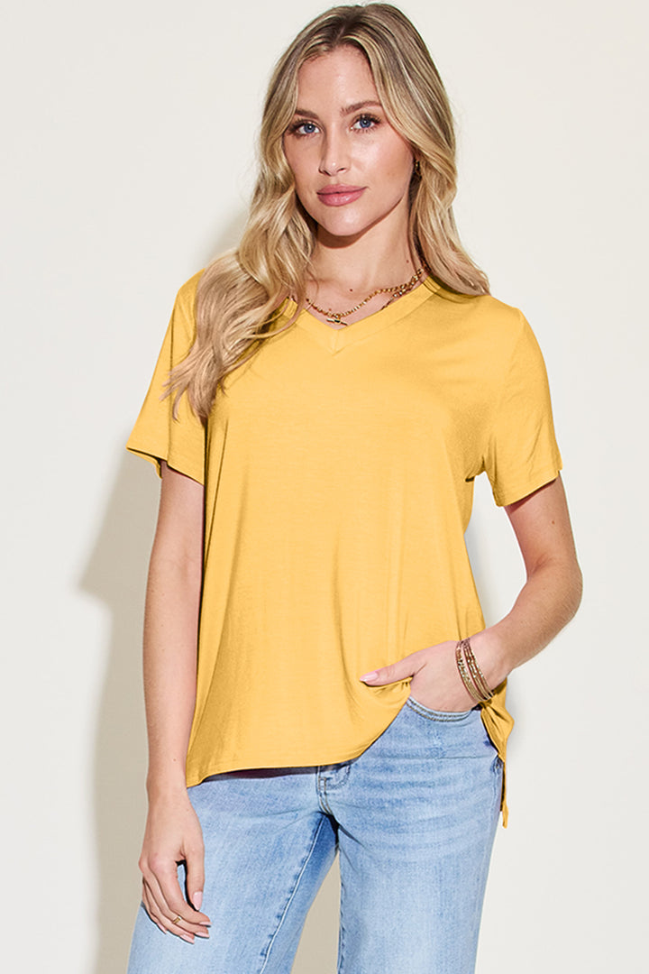 Bamboo Full Size V-Neck High-Low T-Shirt