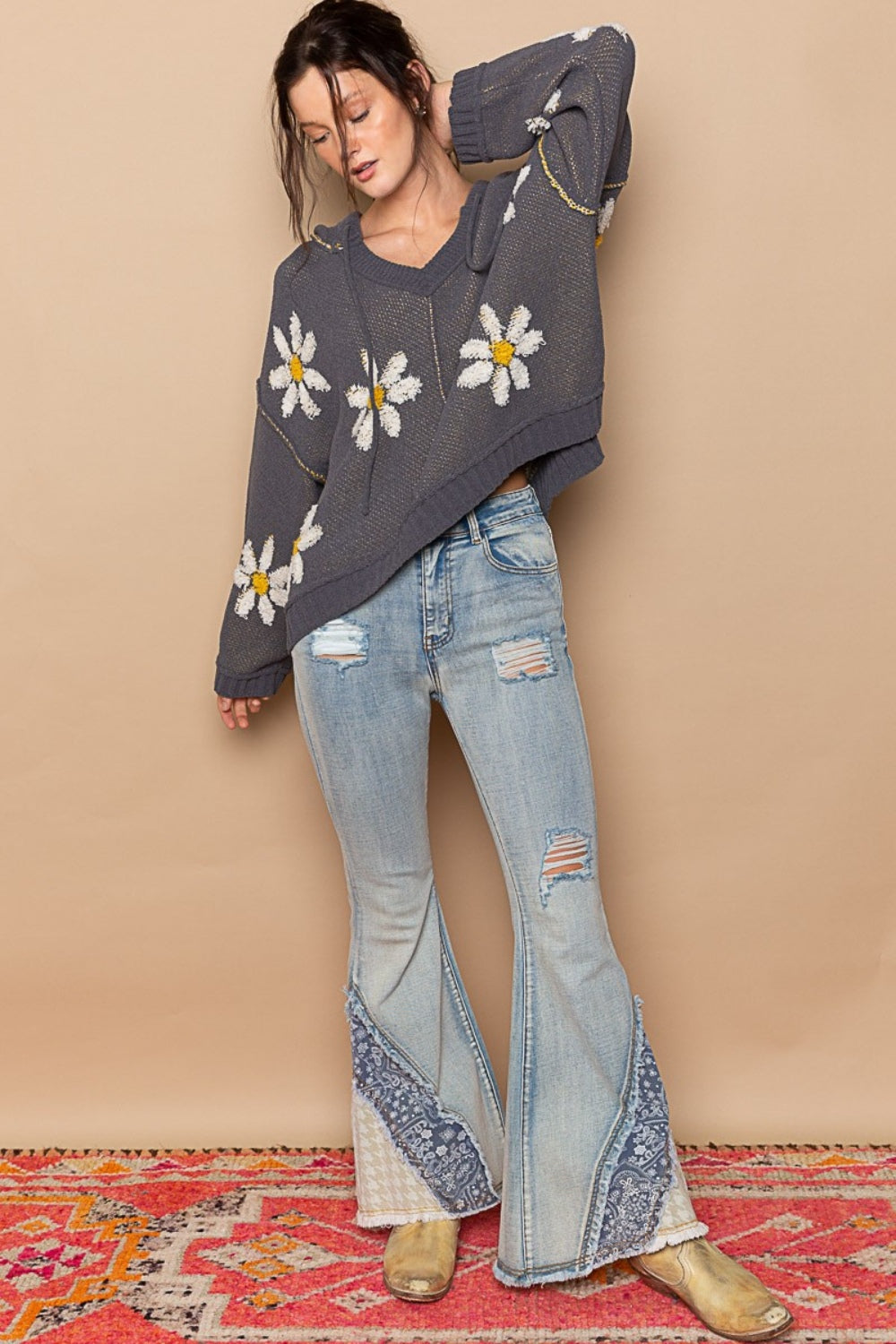 Floral Pattern Hooded High-Low Sweater Charcoal