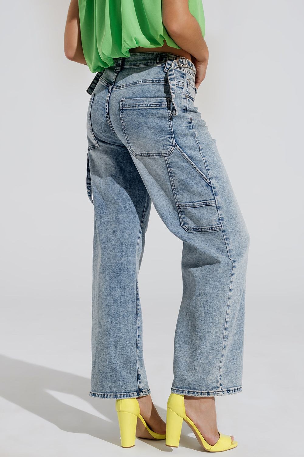 Cargo Style Bleached Jeans with Belt Like Strap Details at the Waist