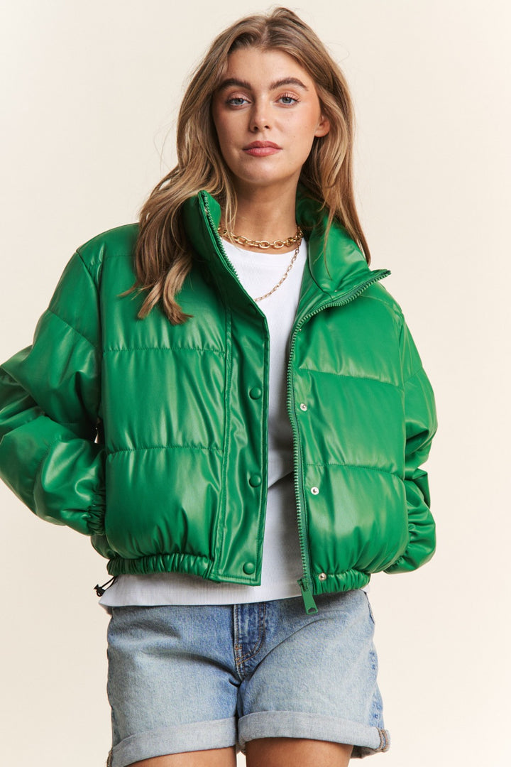 Green Turtleneck Snap and Zipper Closure Crop Puff Jacket