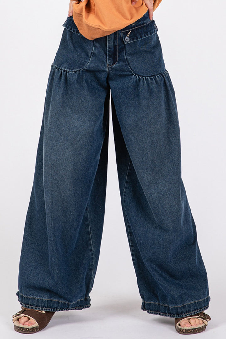 Denim Blue Mid-Rise Cargo Jeans with Pockets