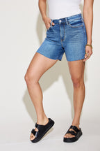 Mid Wash High Waist Slim Denim Shorts
