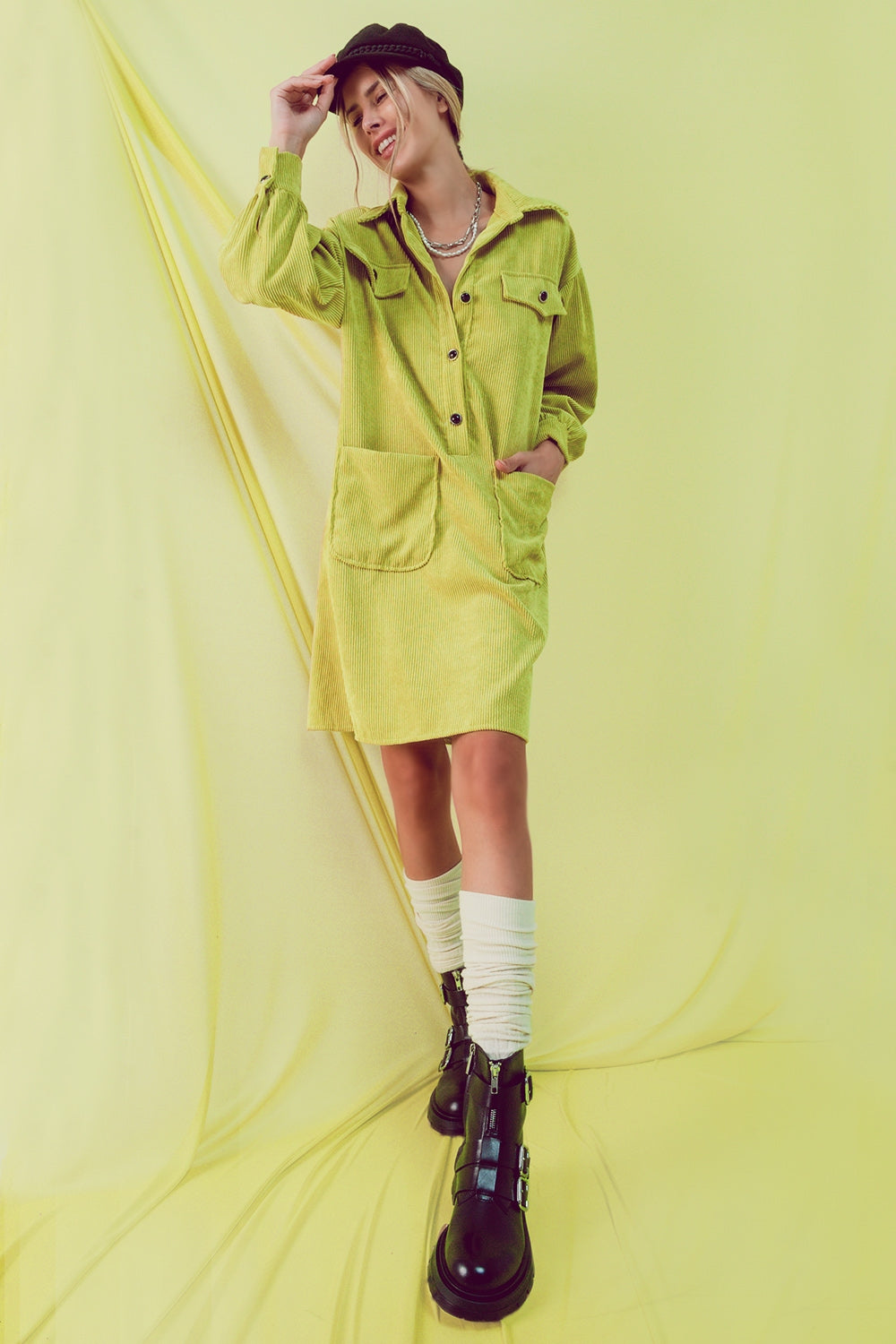 Cord Mini Shirt Dress in Lime