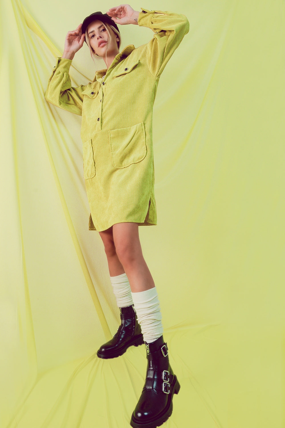 Cord Mini Shirt Dress in Lime