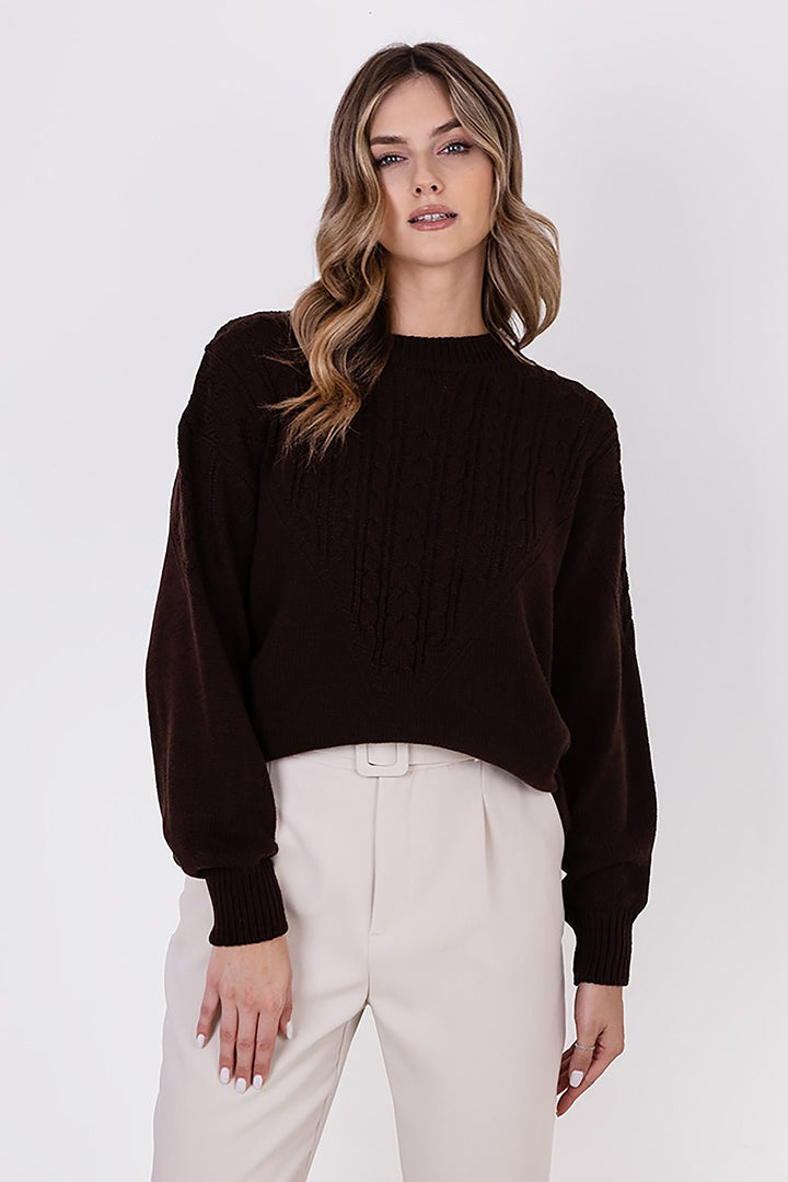 Braid Details Long Sleeve Round Neck Sweater Dark Chocolate